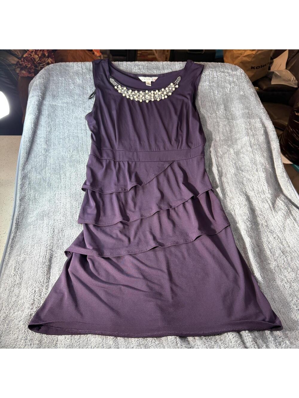 Studio AA Purple Sleeveless Dress Pearl Beaded Neckline Ruffle Front Size 10